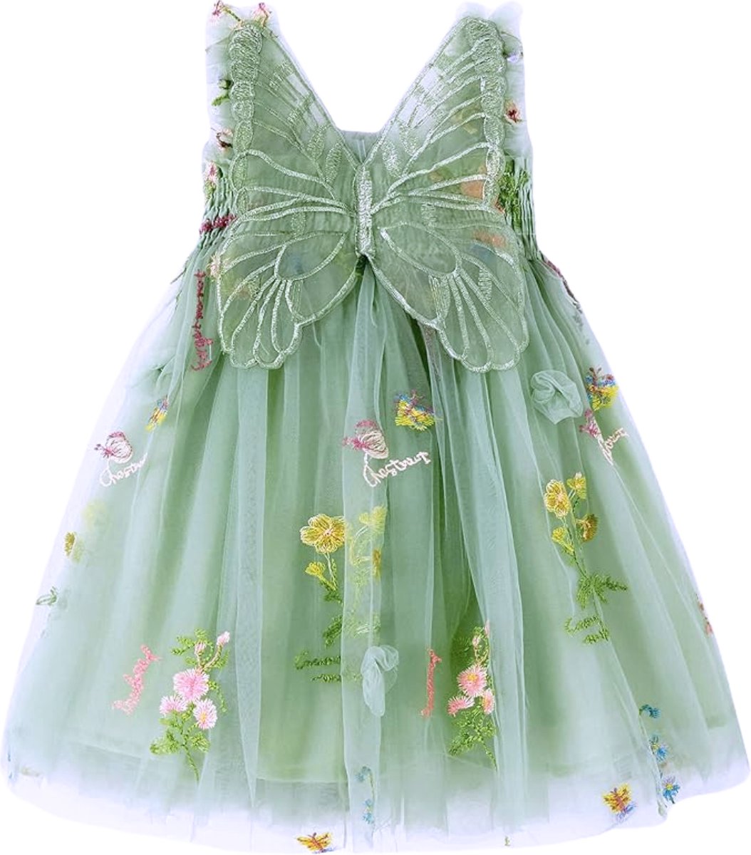 Joya Kids® Baby Meisjes Prinsessenjurk met Vlinders en Bloemen | Feeën Tule Feestjurk zonder Mouwen voor Verjaardag, Bruiloft, Doop of Fotoshoot | Baby Foto Outfit | Photoshoot Peuter | Groen | Maat 90